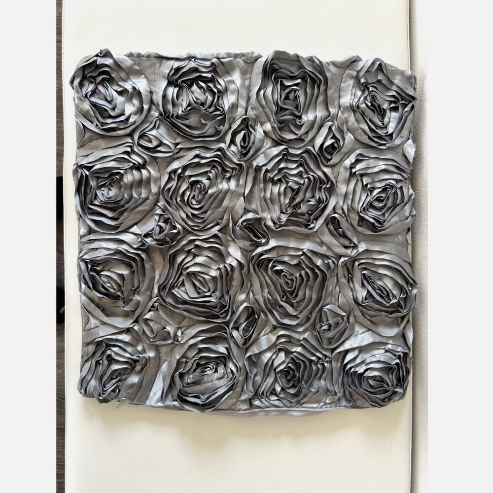 Gray Satin Rose Flower Throw Pillow Cover 16" x 16" - NWOT